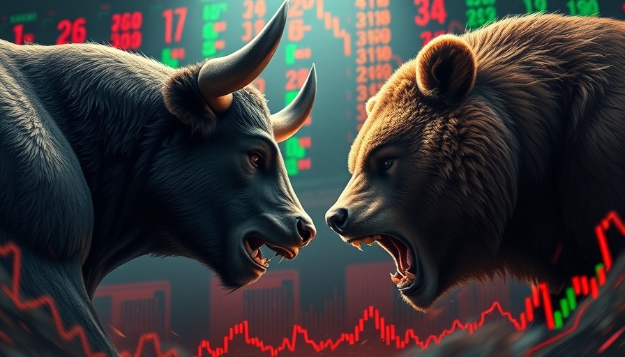 Bull and bear face-off amid rising stock charts, symbolizing market trends.