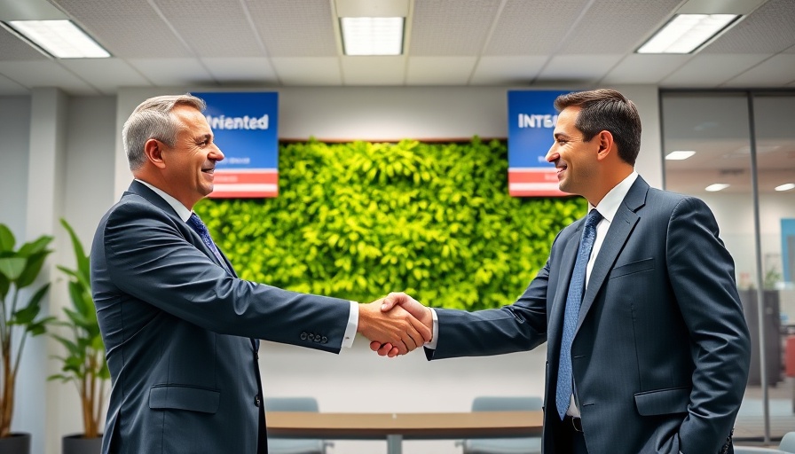 Business executives handshake in front of banners; AI solutions for investors.
