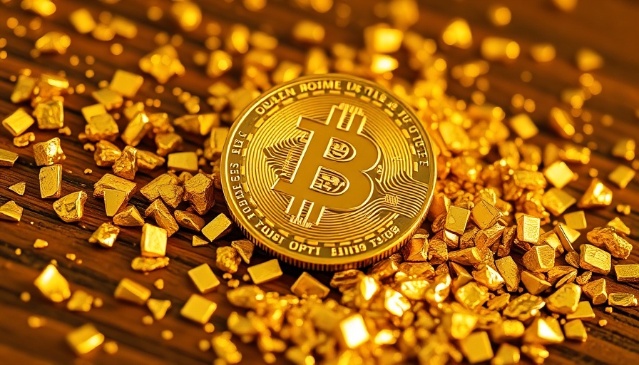 Golden Bitcoin surrounded by gold nuggets, representing wealth.