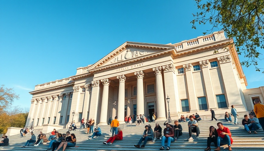 Students gathered on library steps, university campus, AI search engines accuracy.