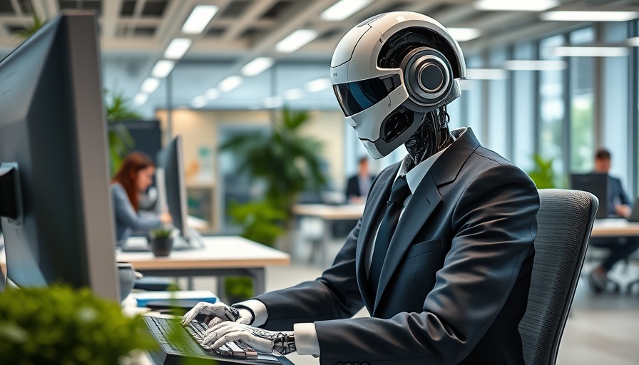 AI agents: Robot in office workplace interacting with computer.