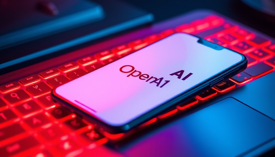 Smartphone with OpenAI logo on red keyboard, AI agents tech theme.