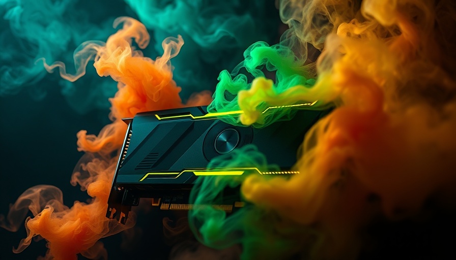 Futuristic graphics card highlighting Google's Gemma 3 efficiency in colorful smoke.