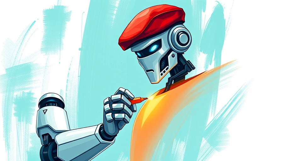 Futuristic robot artist using luminescent marker in multimodal AI image generation.
