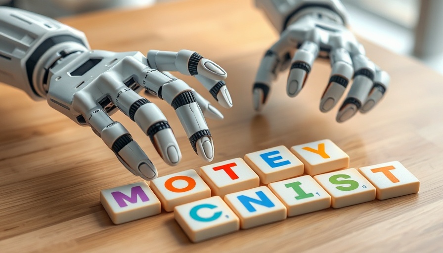 Robotic hands using AI to arrange lettered tiles on wood surface.