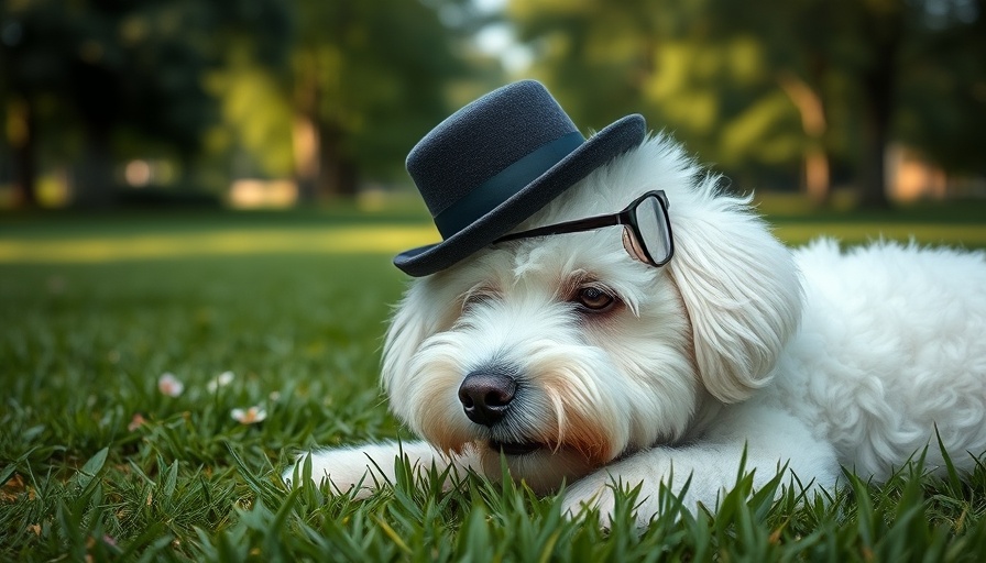 Dapper dog in top hat and glasses lounging on grass.