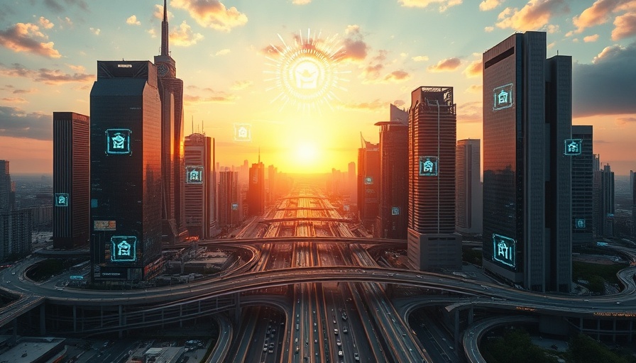 Futuristic city with AI holograms at sunrise, Microsoft AI theme.