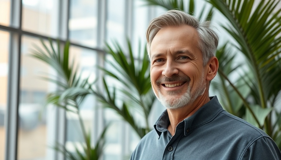 Middle-aged man smiling near plants in a modern building, agentic ai