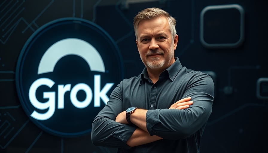 Confident man next to Grok logo with digital background.