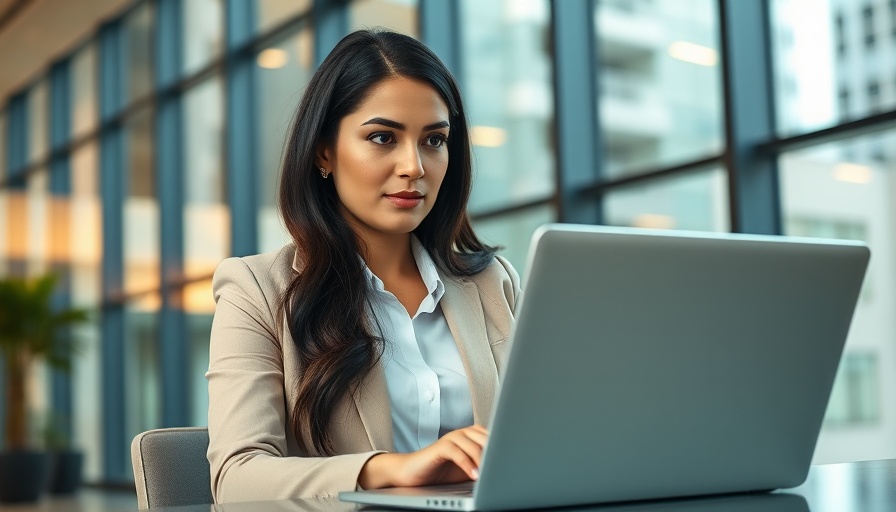 Professional woman working on laptop in modern office setting.