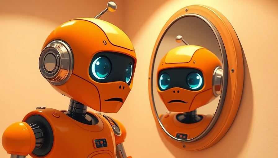 Reflective robot gazing into mirror, cartoon style, Claude AI theme