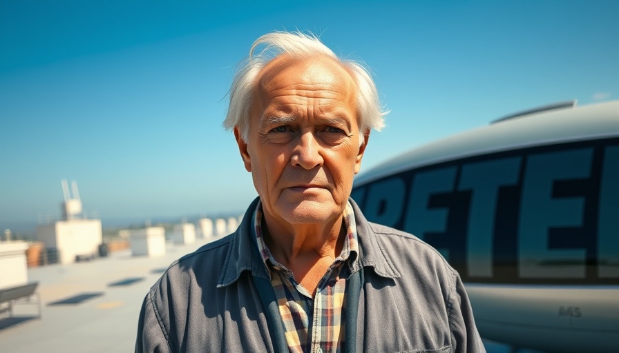 Elderly man near futuristic vehicle with bold text under clear sky.