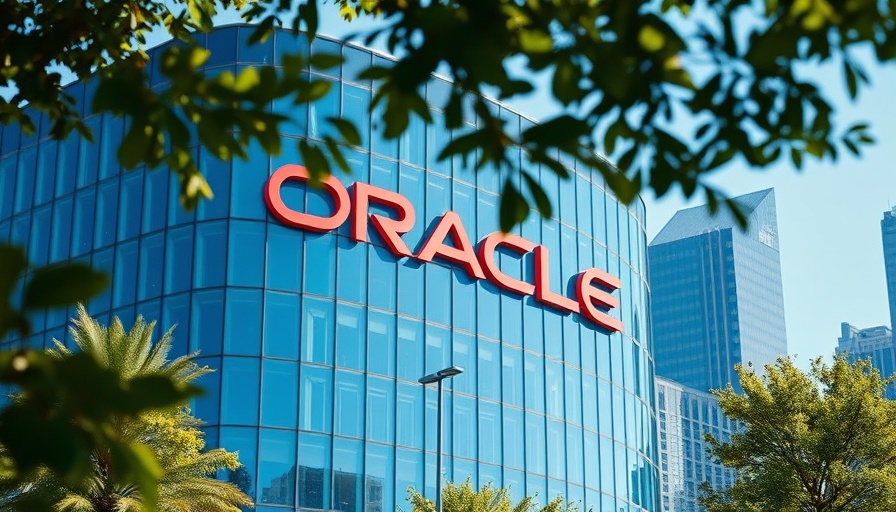 Modern building with Oracle logo, vibrant city scene.