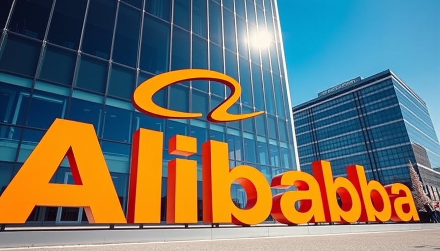Large orange Alibaba logo in front of sleek glass building.