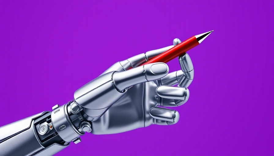 Robotic hand holding a pen symbolizing AI in Creative Writing.