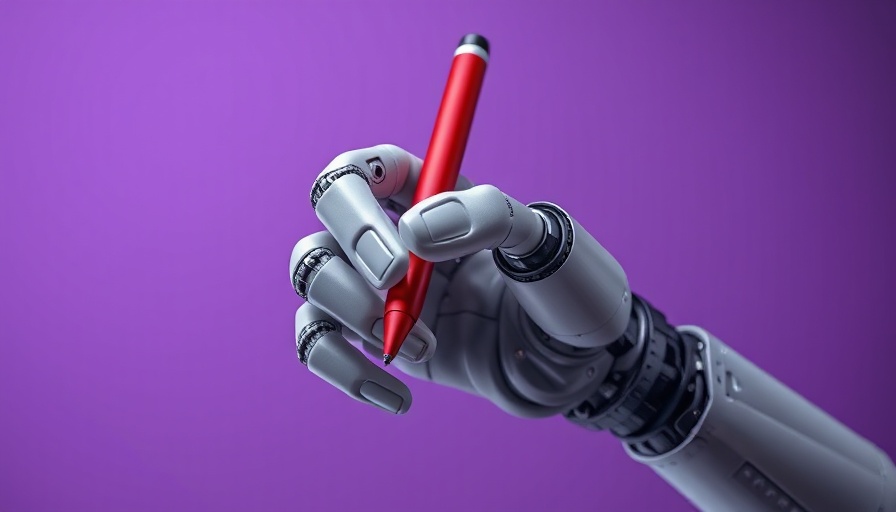 Futuristic robotic hand holding a red pen, symbolizing AI creativity.