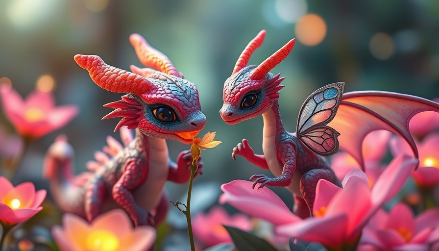 Adorable fantasy dragon and fairy interaction in a magical forest setting.