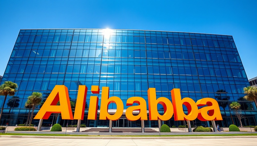 Orange Alibaba sign in front of modern glass building on a sunny day.