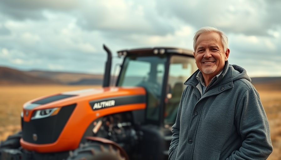 AI investment in agrifoodtech visualized by a man next to a futuristic tractor.