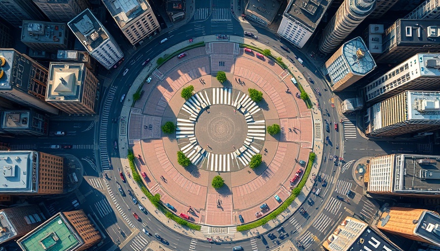 Aerial view of an urban square with intersecting streets.