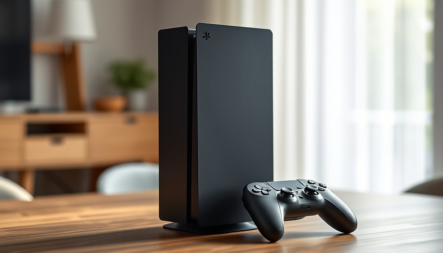 Sleek black gaming console with controller, in a modern room setting.