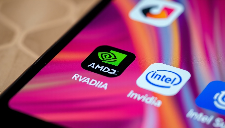 AMD, Nvidia, Intel app icons on smartphone screen, blurred background.