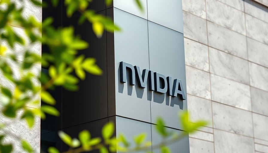 Nvidia logo on building wall with leafy branches nearby.