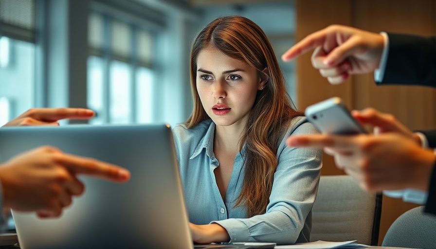 Generative AI and thought crimes concept, woman overwhelmed at work.