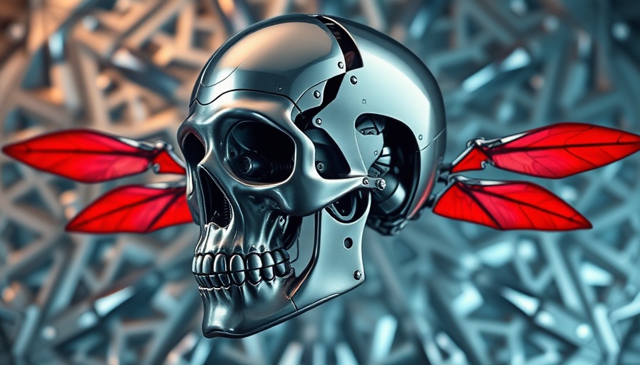 Robotic skull illustrating ethical implications in AI with angel and demon figures.