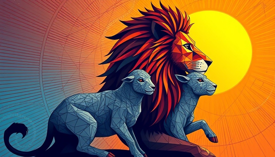 Stylized lion and lamb geometric design with sun, agentic AI style.