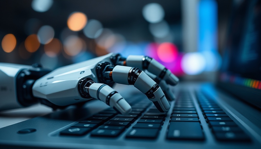 Agentic AI robotic hand typing on keyboard, soft focus.