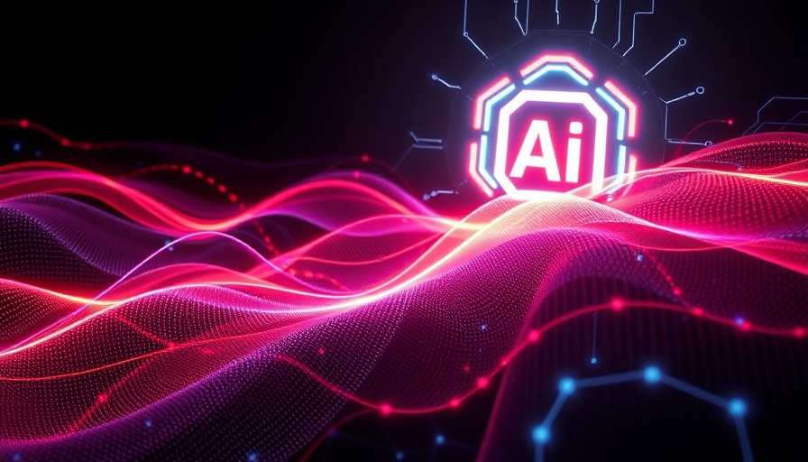 Futuristic AI symbol with digital waves, vibrant and dynamic.