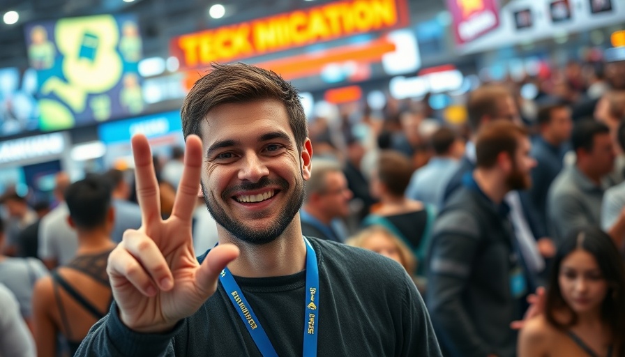 Man at tech event, making peace sign, lively atmosphere.