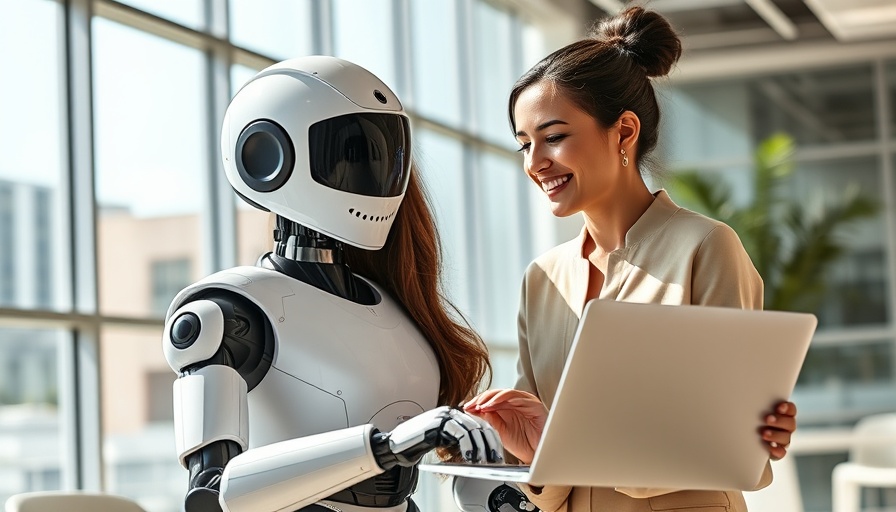 Humanoid robot and woman interacting in a bright office, AI chatbot personality.