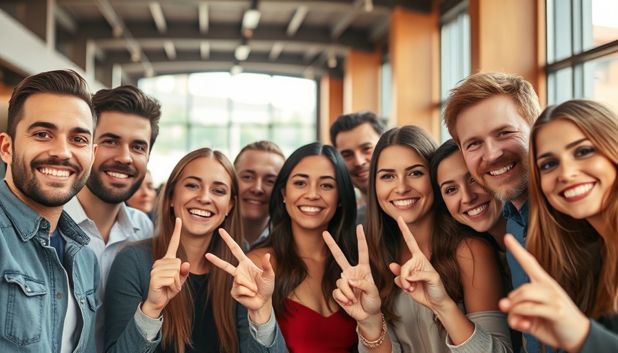 AI news feed gathering, people smiling indoors, modern setting.