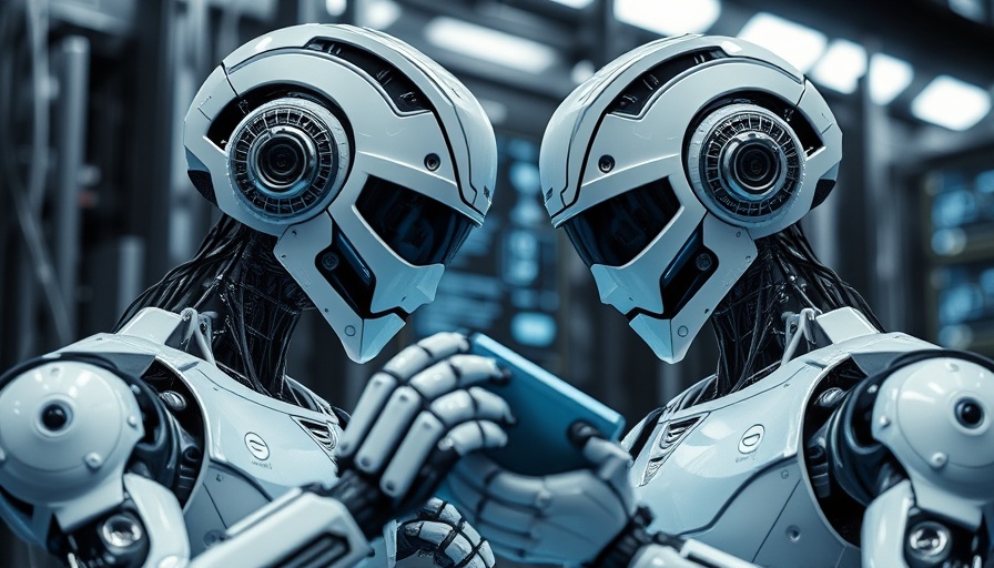 Futuristic robots examining code with OpenAI interface in a data center.
