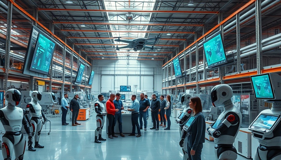 Futuristic AI-powered warehouse scene with robots and humans collaborating, showcasing Microsoft AI technology.