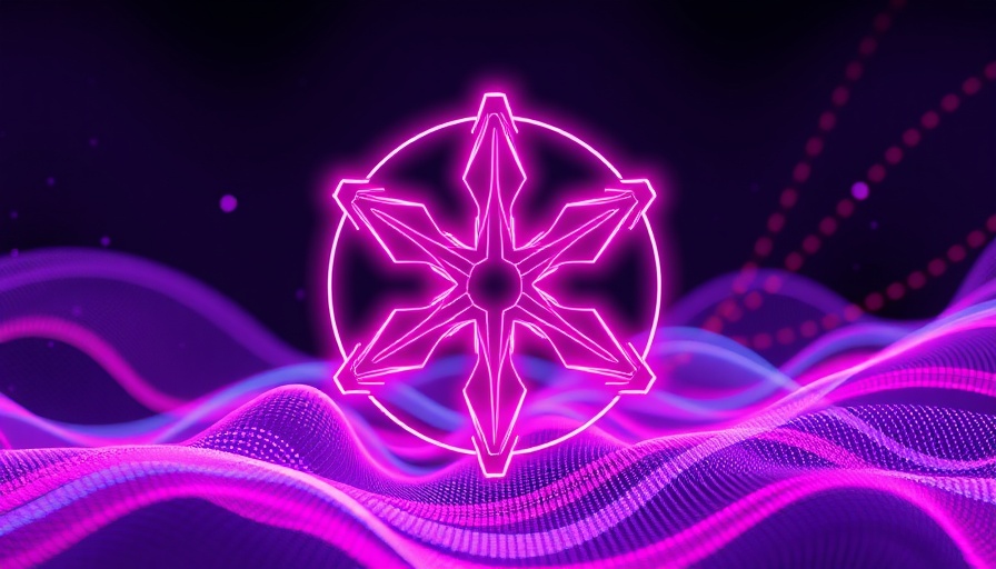 Futuristic neon AI logo with digital wavy background