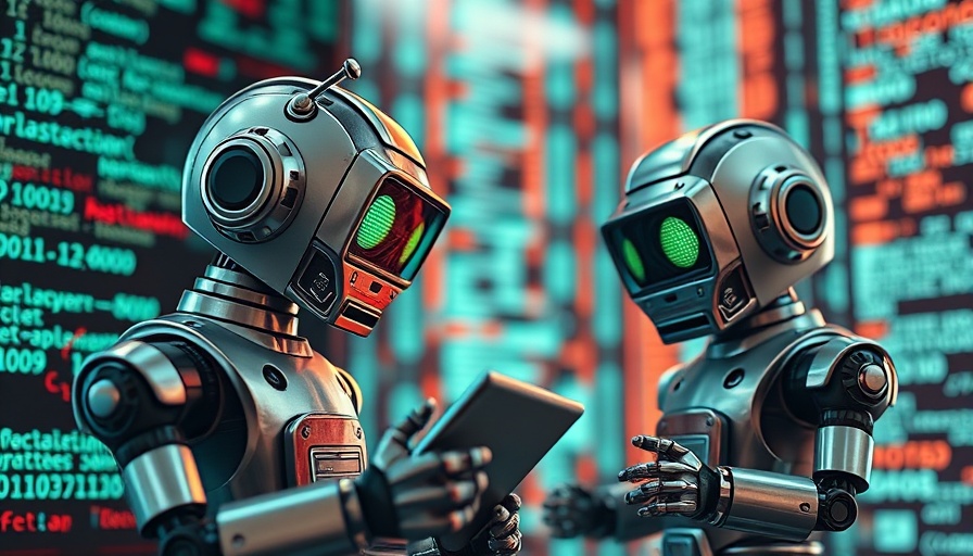 Agentic AI concept with robots analyzing code, futuristic digital setting.