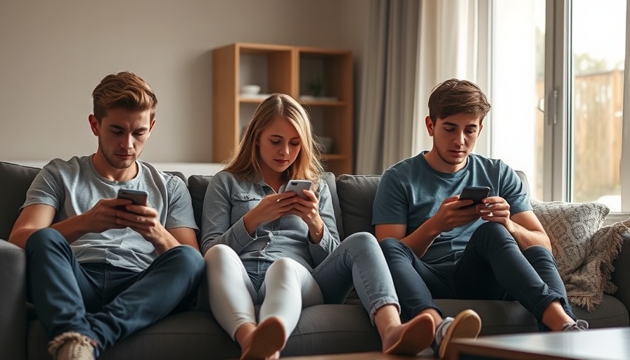 Teenagers engrossed in smartphones on couch, generative AI addiction theme.