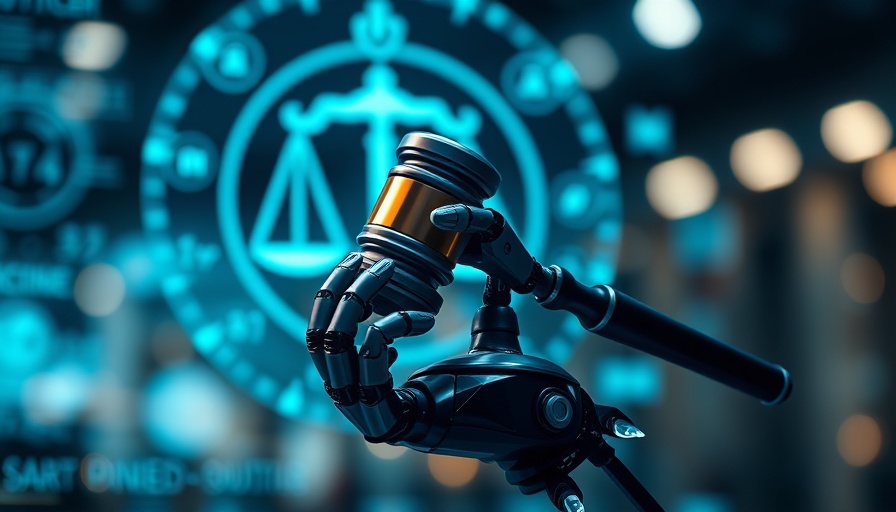 DeepSeek AI funding concept with robotic hand and digital justice symbols.