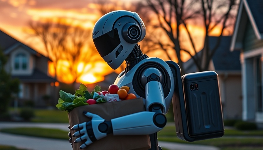 Agentic AI robot with groceries in suburban neighborhood.