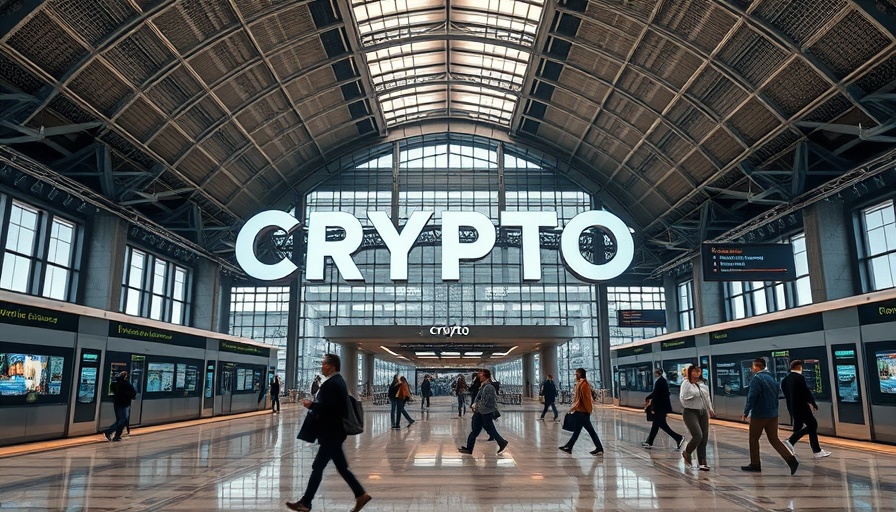 Modern train station with crypto signage and travelers, highlighting decentralized AI themes.