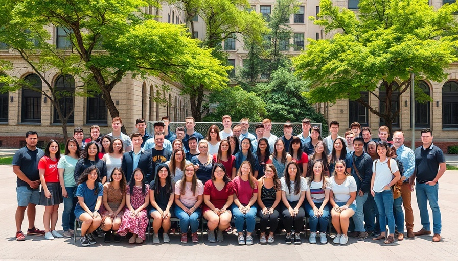 Large group photo of students in school courtyard, capturing a class in daylight.