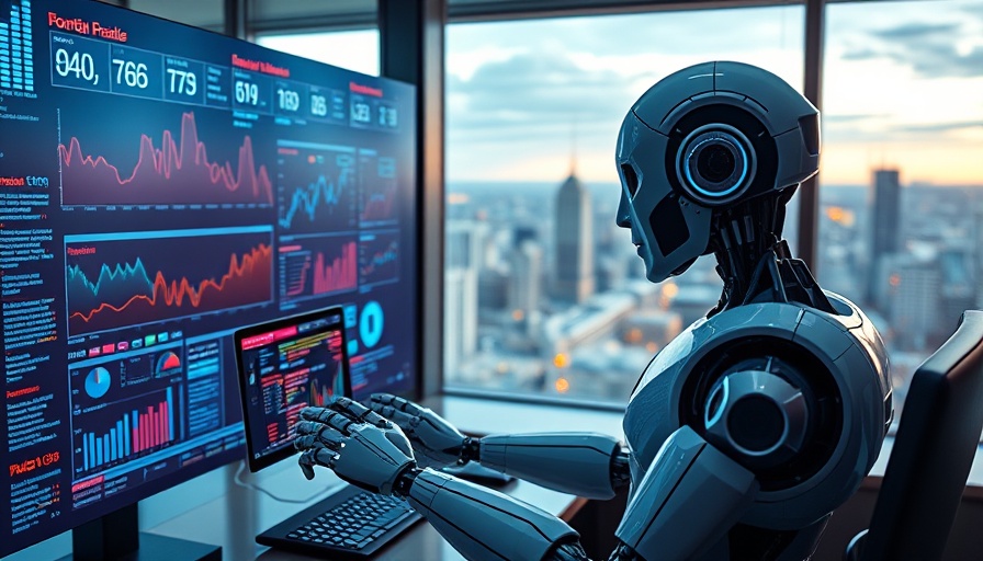 Futuristic robot analyzing data as autonomous AI agent in fintech office.