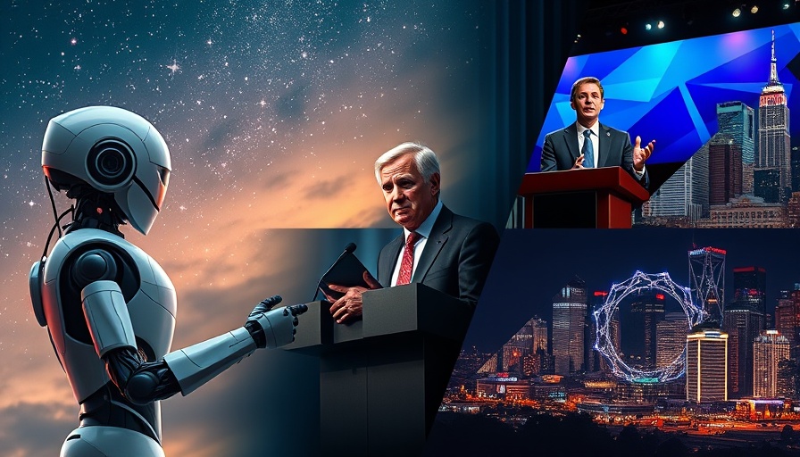 Dynamic collage: AI, political speech, business, cityscape