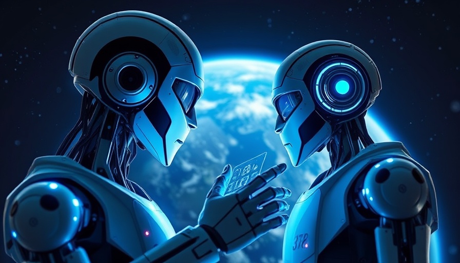Futuristic robot interacting with digital interface in space
