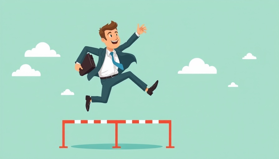 Businessman jumping hurdles in cartoon style, trending AI news concept.