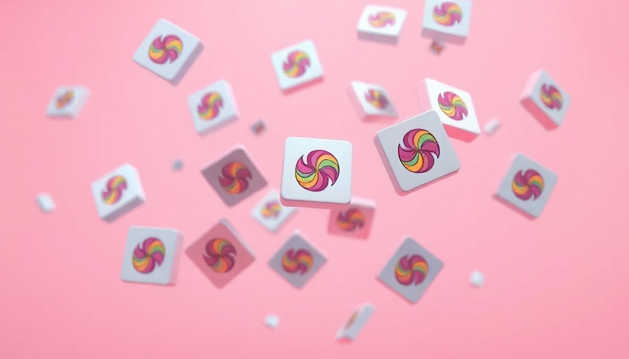Scattered tiles with gradient logos on pink background, Microsoft AI.