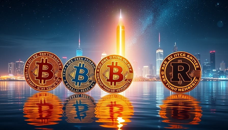 Rexas Finance RXS predictions with glowing crypto coins and skyline.